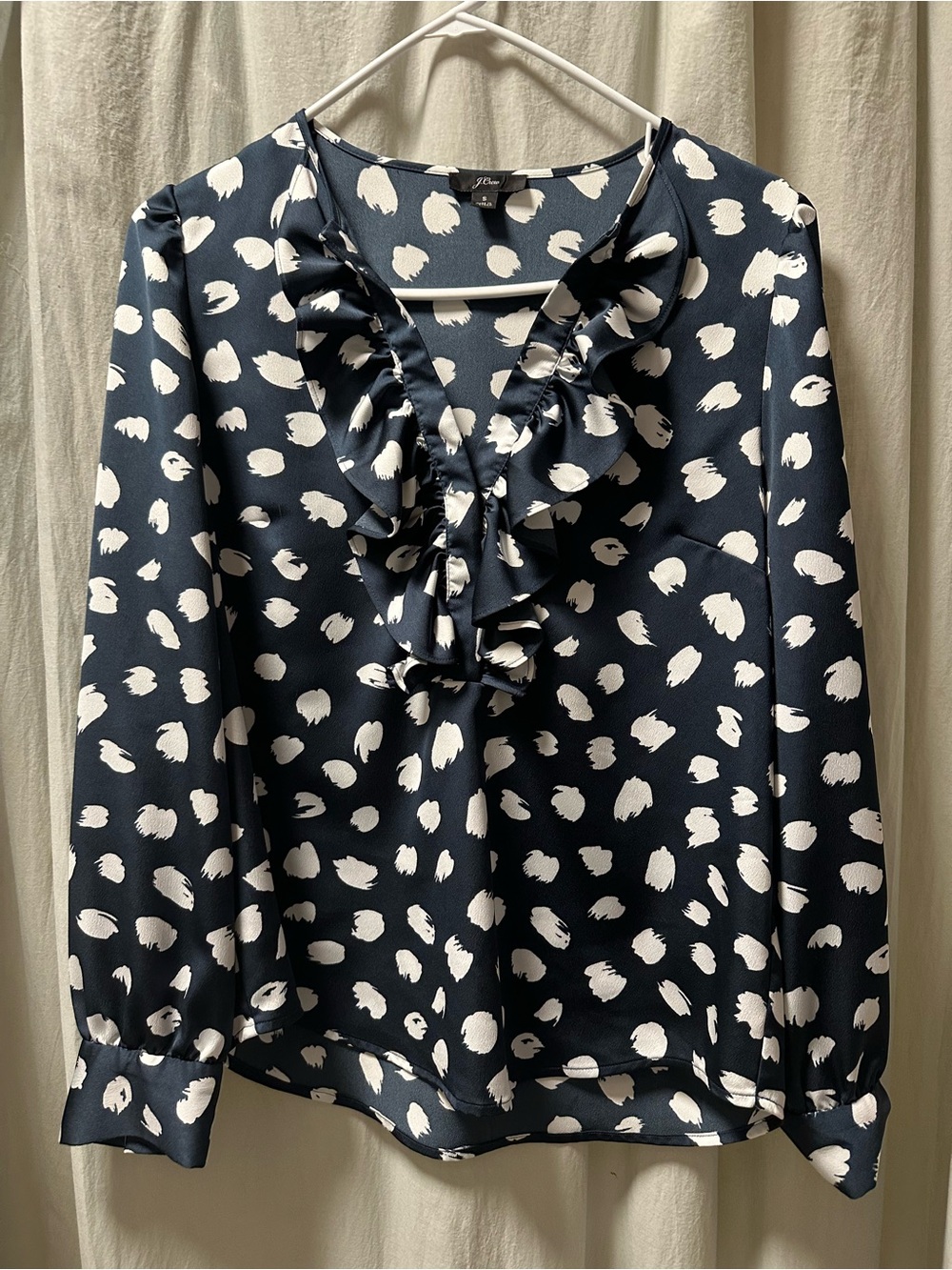 J. Crew Navy and White Ruffle V-Neck Blouse